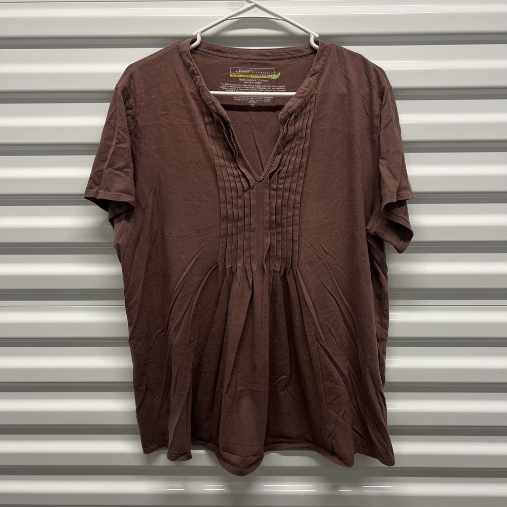 Soma Elements‎ XL Womens Brown 100% Organic Cotton Pintuck Split Neck T-Shirt